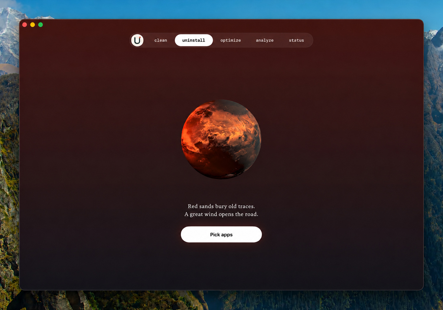 Uninstall tab showing Mars and the Pick apps button